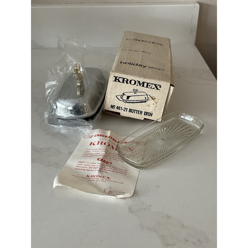 Kromex 3 Piece Butter Dish Silver Tone  Gold Tone Handle Glass Insert New In Box
